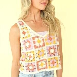 Rebellion Again Crochet Knit Patchwork Tank Crop Top WMNS M Mustard Purple Cream